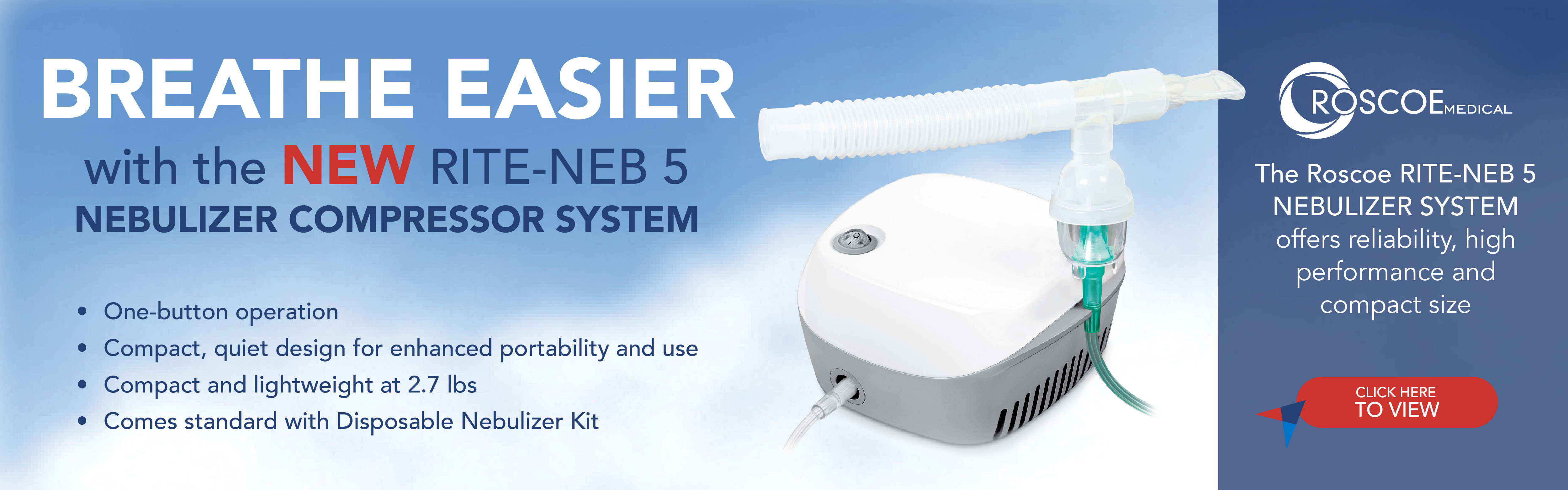 A nebulizer compressor system next to text, "Breathe Easier with the New Rite-Neb 5"